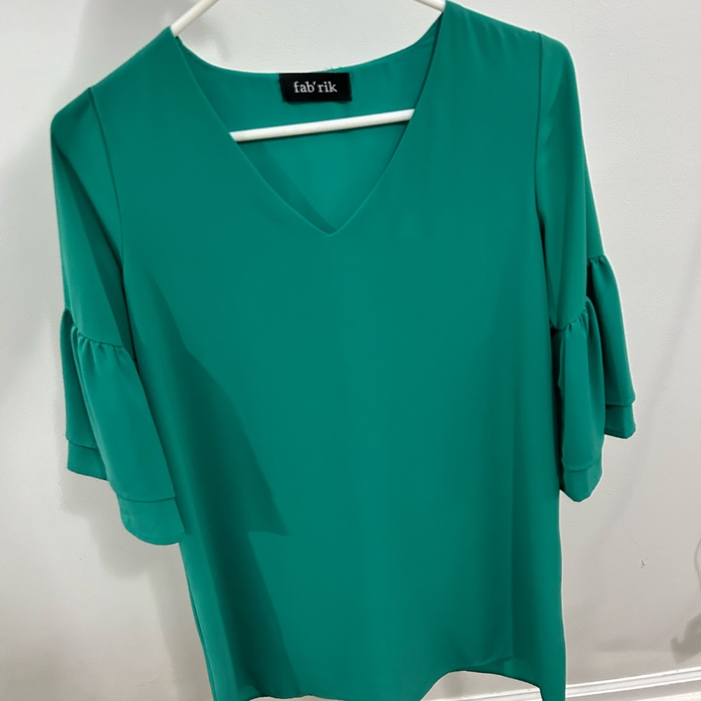 Fab'rik Green Bell Sleeve Dress with Ruffled Neckline